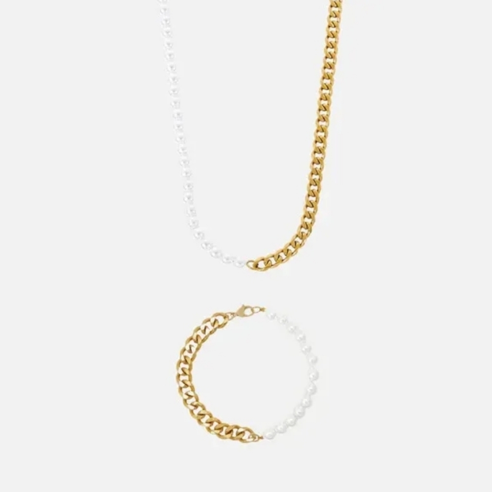 Masion Men's Pearl Cuban Chain Set - Gold - 18" Chain - 7" Bracelet